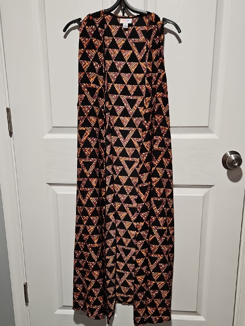 LuLaRoe Black with Brown and Tan Geometric Triangle Duster Vest
